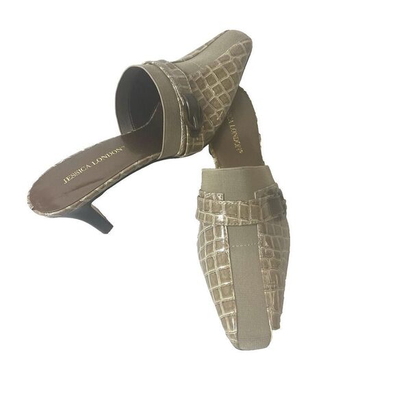 Jessica London Womens Sz 8M Mule Heels Slip On Glossy Beige Studded Faux Leather - Picture 2 of 8